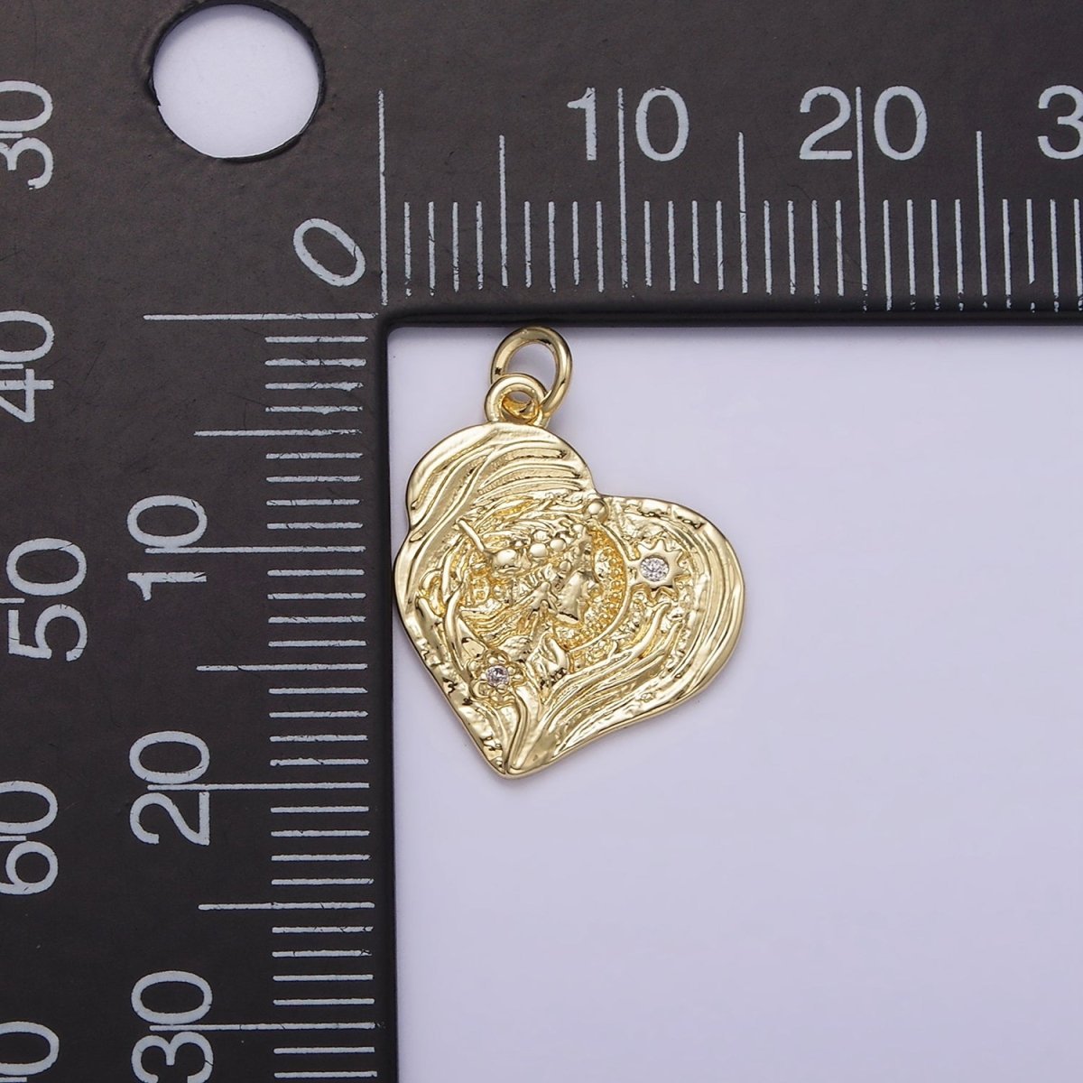 14K Gold Filled Women Portrait Celestial Sun Flower CZ Textured Abstract Heart Charm | AG247 - DLUXCA