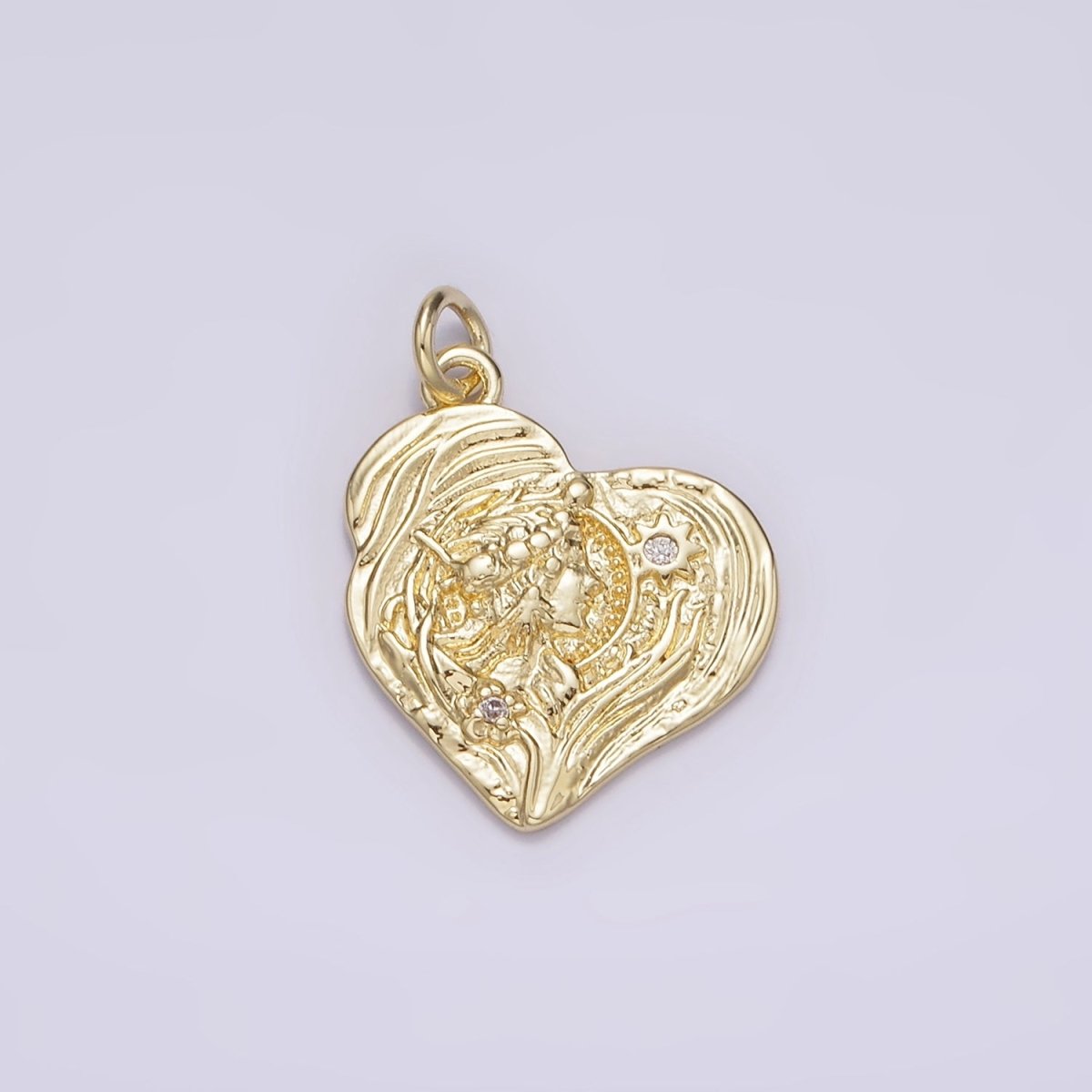 14K Gold Filled Women Portrait Celestial Sun Flower CZ Textured Abstract Heart Charm | AG247 - DLUXCA