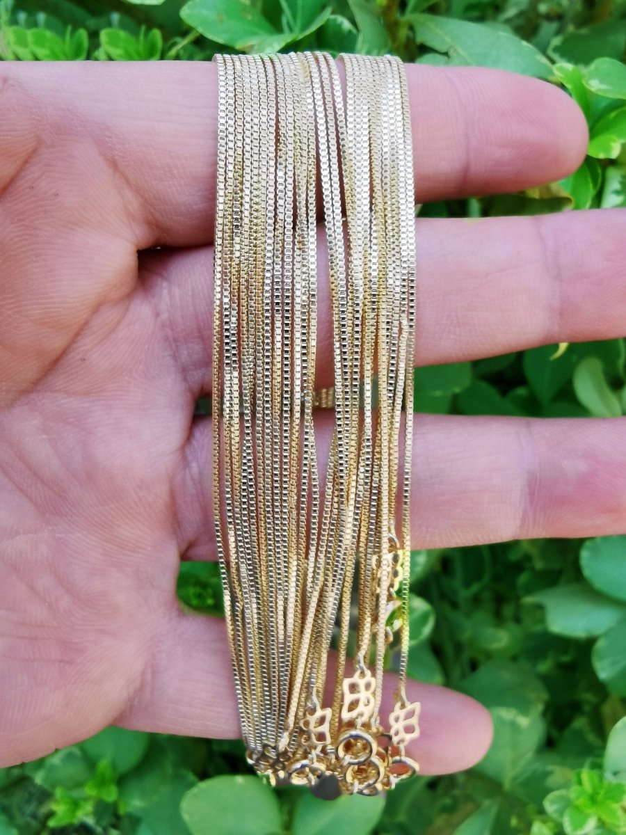 14K Gold Plated 0.8mm Box Chain Necklace Gold Plated Finished Chain Necklace Ready to Wear 17.9 Inch Gold Chain w/ Spring Clasp | CN-783 Clearance Pricing - DLUXCA