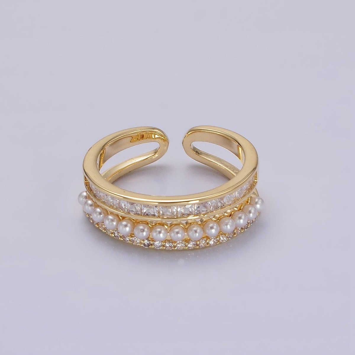 14K Gold Plated Pearl Clear Baguette Micro Paved CZ Double Band Ring | O1188 - DLUXCA
