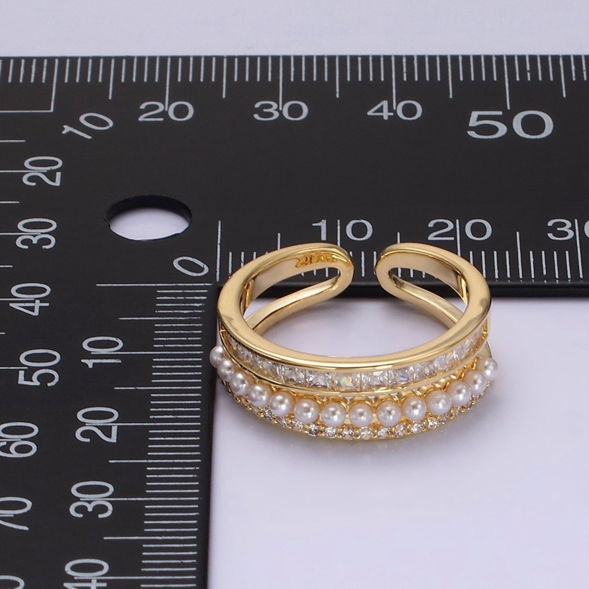 14K Gold Plated Pearl Clear Baguette Micro Paved CZ Double Band Ring | O1188 - DLUXCA