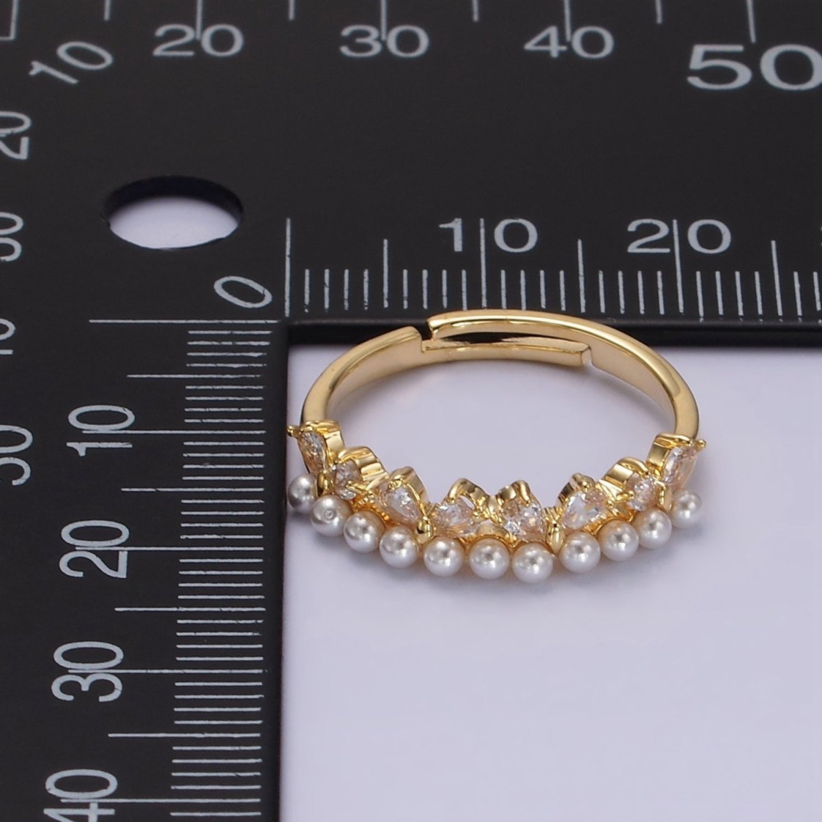 14K Gold Plated Pearl Clear CZ Teardrop Lined Adjustable Ring | O1190 - DLUXCA