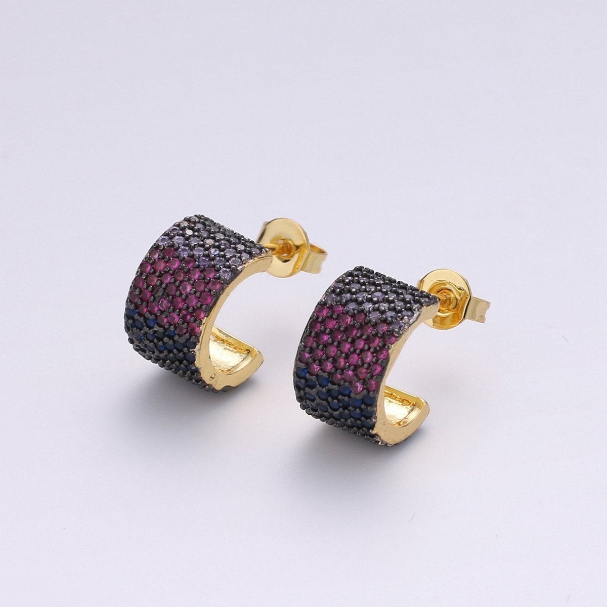 14K Gold Plated Sterling Silver Tiny Black Hoop Earrings, Huggie Hoops, Small Dainty Hoop Earring, Purple Ombre Earring Cartilage Q-162 - DLUXCA