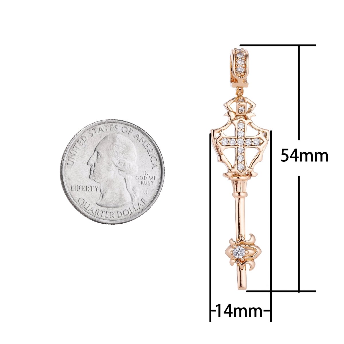 14k Rose Gold Filled Royal Staff Cross, Dainty Wand, Cubic Zirconia Necklace Pendant Charm Bails Findings for Jewelry Making H-661 - DLUXCA