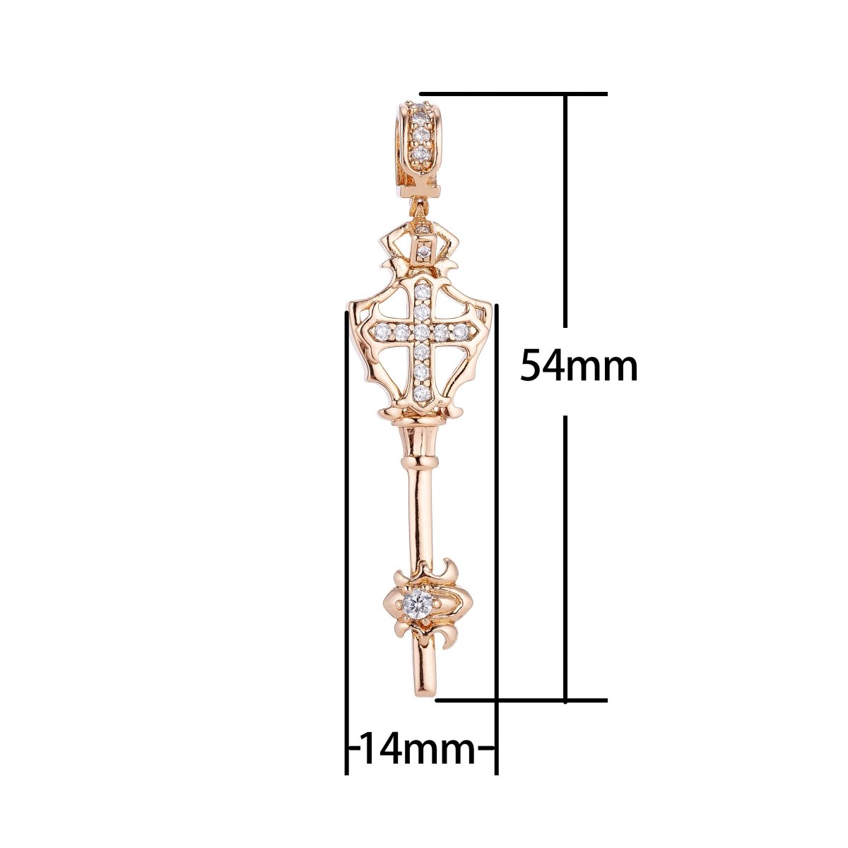 14k Rose Gold Filled Royal Staff Cross, Dainty Wand, Cubic Zirconia Necklace Pendant Charm Bails Findings for Jewelry Making H-661 - DLUXCA