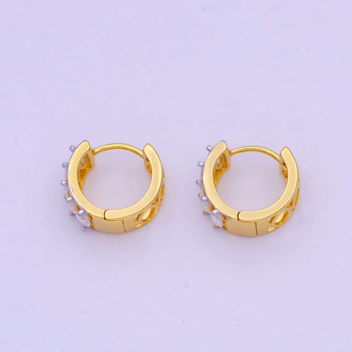14mm Gold Marquise Cubic Zirconia Mixed Metal Cartilage Huggie Earrings | T-139 - DLUXCA