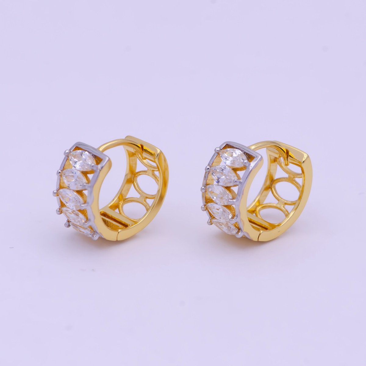 14mm Gold Marquise Cubic Zirconia Mixed Metal Cartilage Huggie Earrings | T-139 - DLUXCA