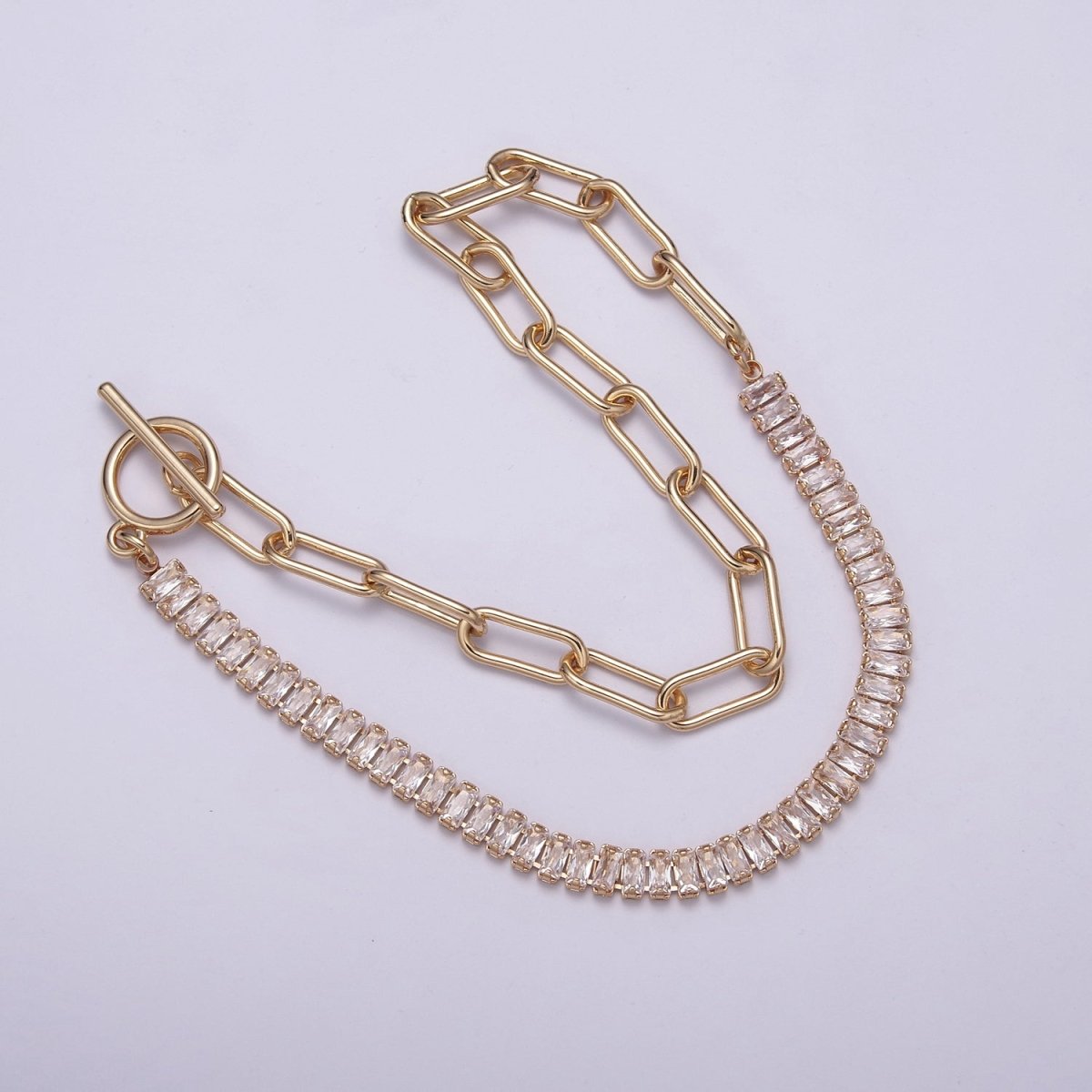 15.5" Fusion Necklace : Half Tennis Chain, Half PaperClip Chain, Statement 16K Gold Necklace with Lobster Clasps | WA-547 Clearance Pricing - DLUXCA
