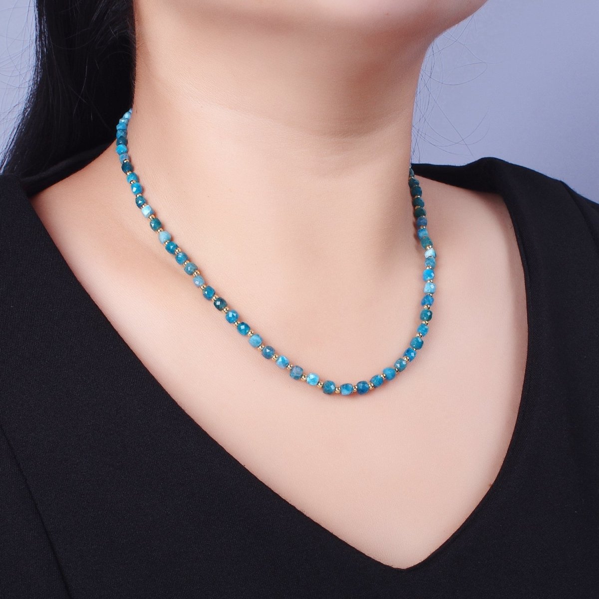 15.5 Inch Natural Blue Apatite Multifaceted Cube Gemstone w. Gold Bead Choker Necklace | WA-1426 Clearance Pricing - DLUXCA
