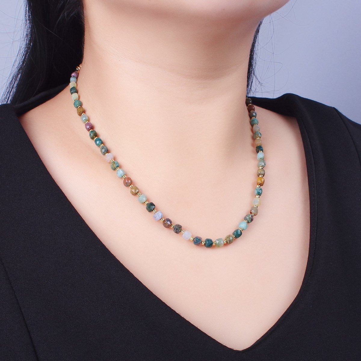 15.5 Inch Natural Moss Agate Multifaceted Cube Gemstone w. Gold Bead Choker Necklace | WA-1423 Clearance Pricing - DLUXCA