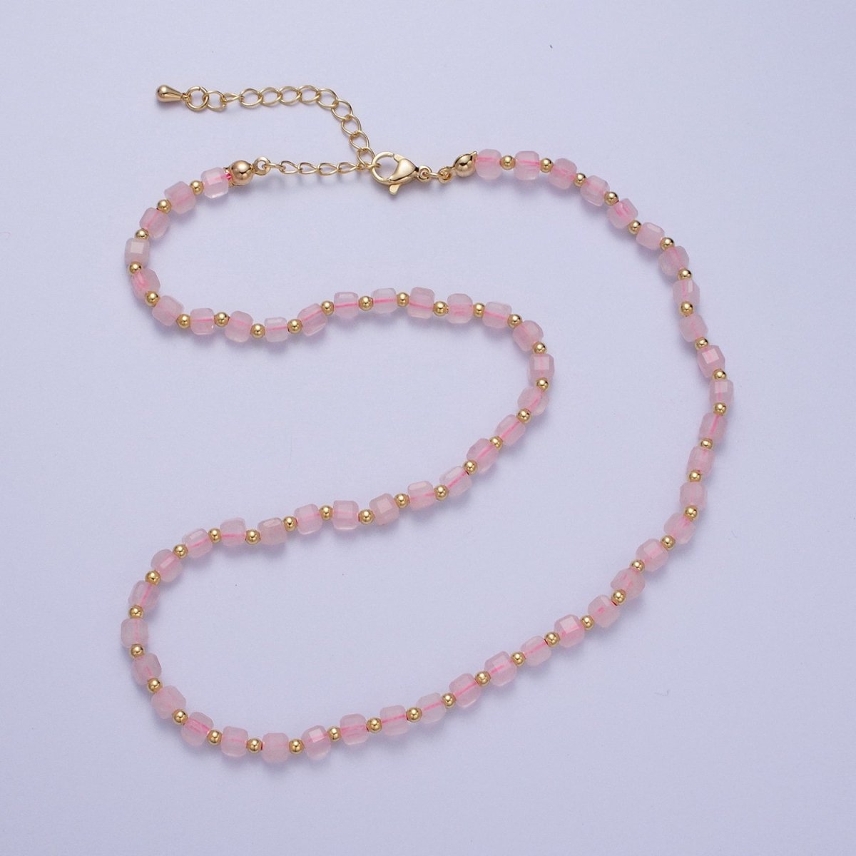 15.5 Inch Natural Pink Rose Quartz Multi Faceted Cube Gemstone w. Gold Bead Choker Necklace | WA-1427 Clearance Pricing - DLUXCA