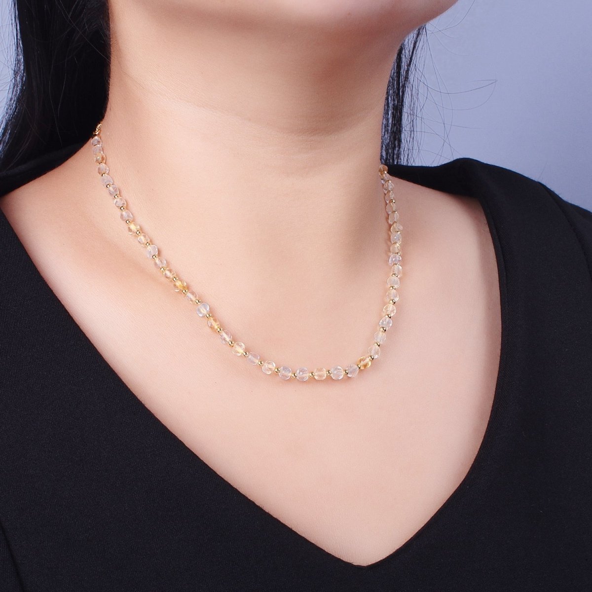 15.5 Inch Natural Yellow Citrine Multifaceted Cube Gemstone w. Gold Bead Choker Necklace | WA-1425 Clearance Pricing - DLUXCA