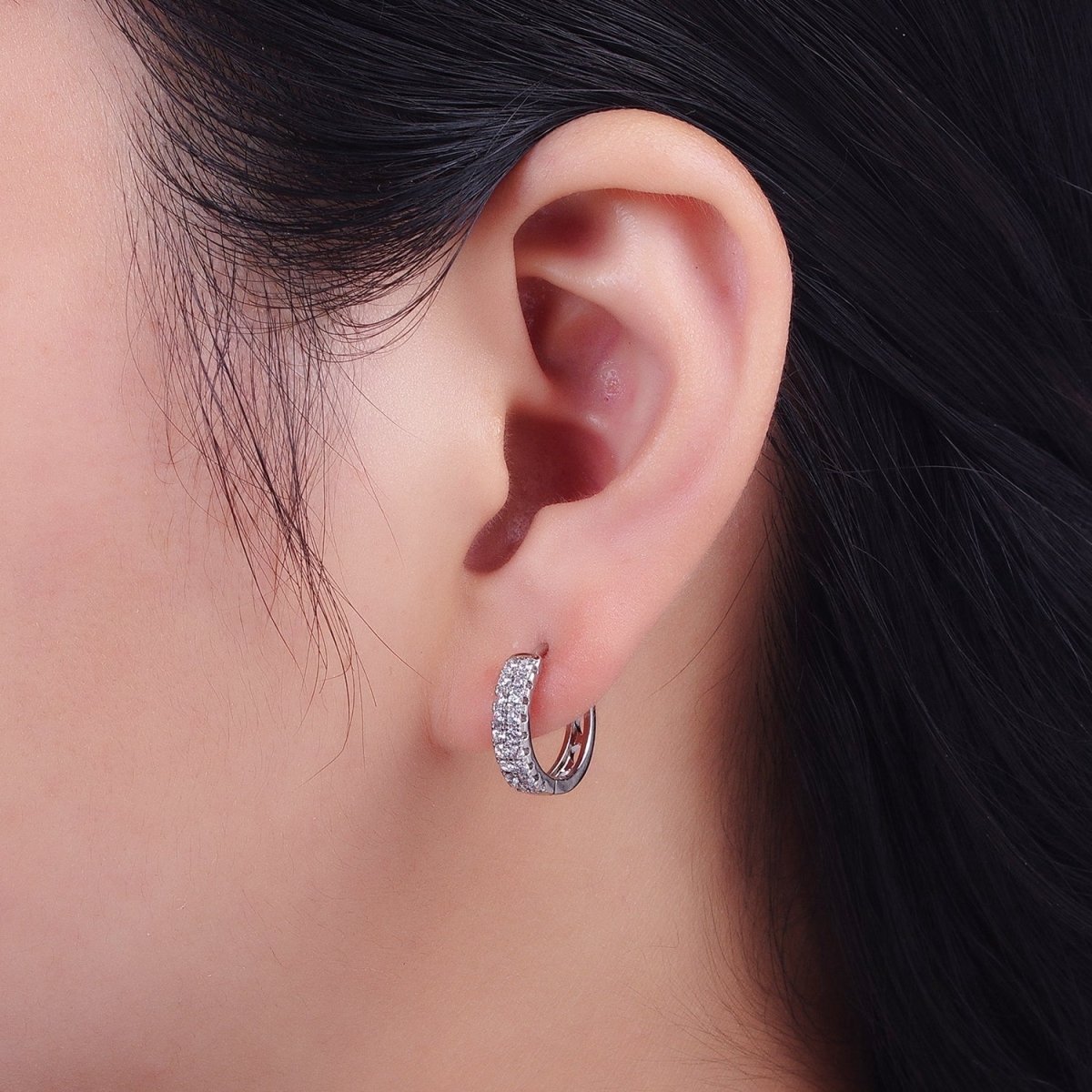 15.5mm Double Micro Paved CZ Huggie Hoop Cartilage Earrings in Gold & Silver | Y-050 Y-052 - DLUXCA