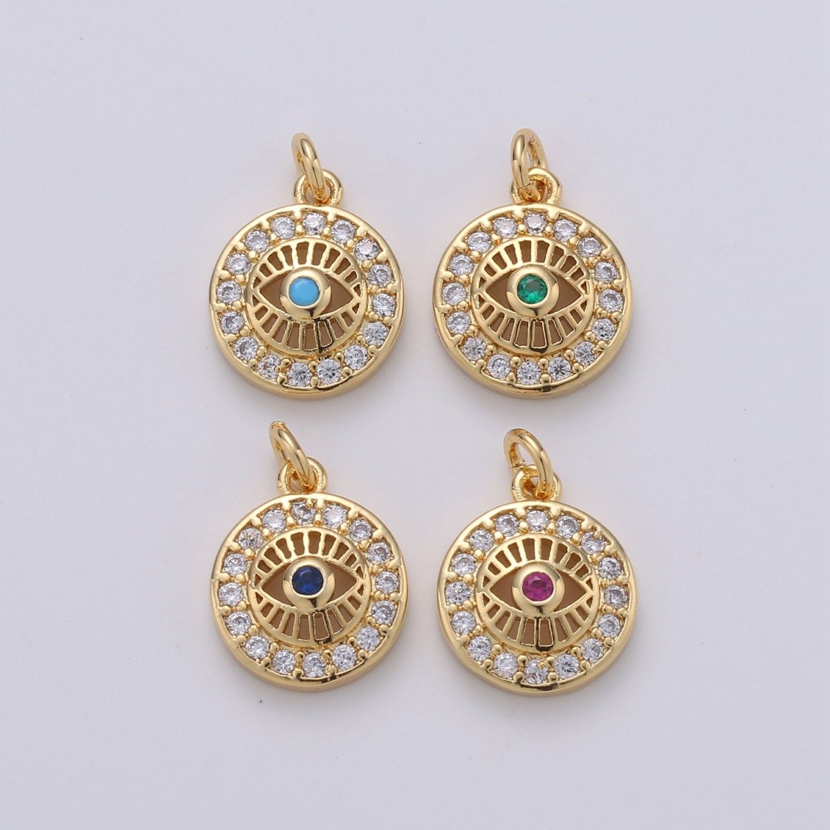 15x10mm 24k Gold Filled Evil Eye, Micro Pave Evil Eye Charm, Turquoise Cubic Charms, CZ Gold Evil Eye Beads, Pink Green Blue Charms, D-485 - D-488 - DLUXCA
