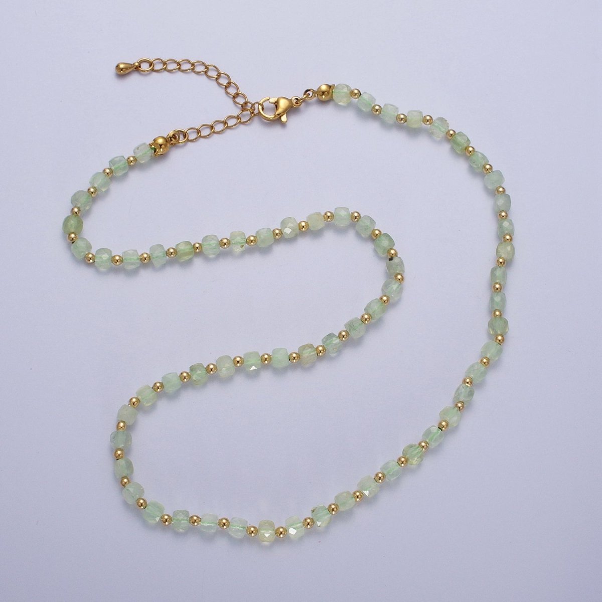 16 Inch Natural Prestolite Green Multifaceted Cube Gemstone w. Gold Bead Choker Necklace | WA-1446 Clearance Pricing - DLUXCA