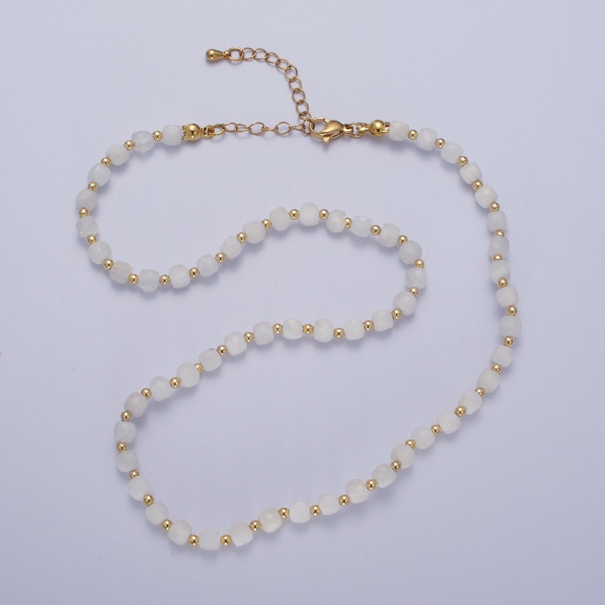 16 Inch Natural White Jade Multi Faceted Cube Gemstone w. Gold Bead Choker Necklace | WA-1445 Clearance Pricing - DLUXCA