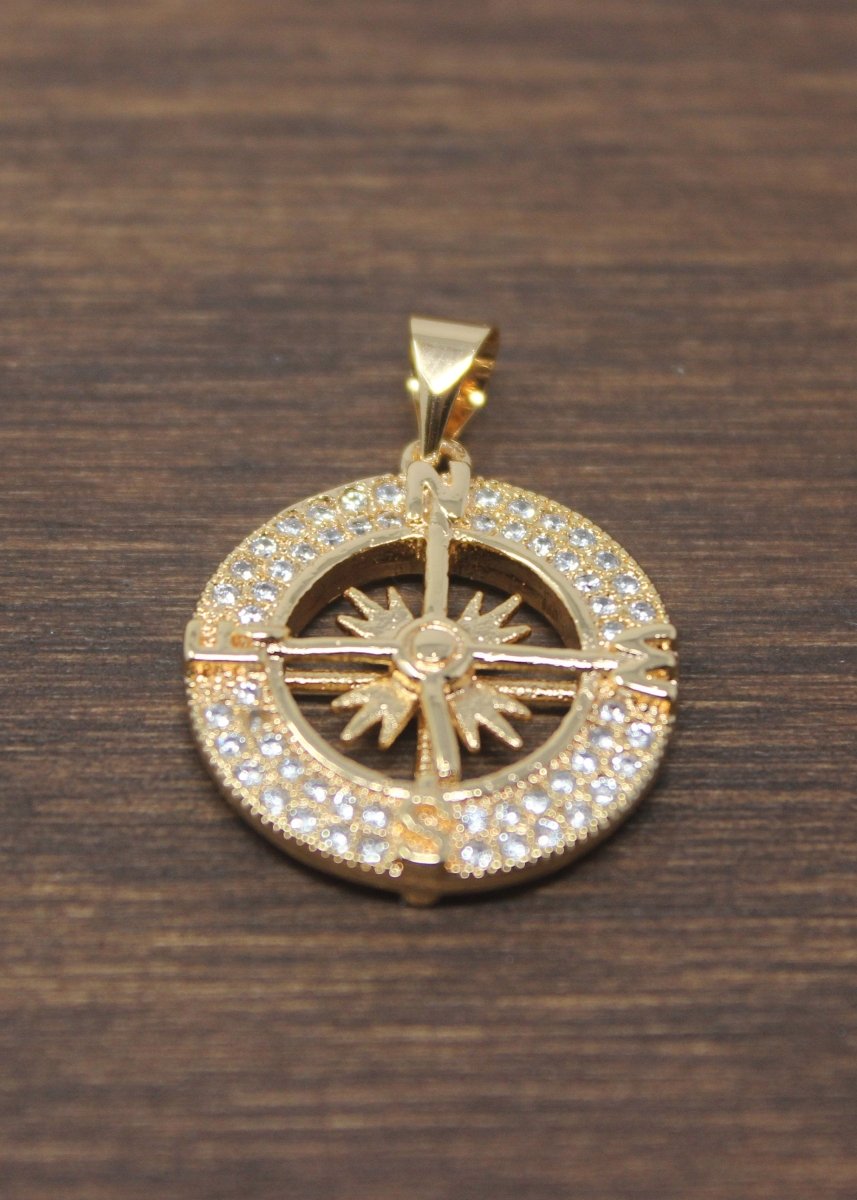 16k Gold Compass, Navigation, Gift for Traveler, Journey, Travel, Cubic Zirconia Necklace Pendant Charm Bead Bails Findings Jewelry Making H-795 - DLUXCA