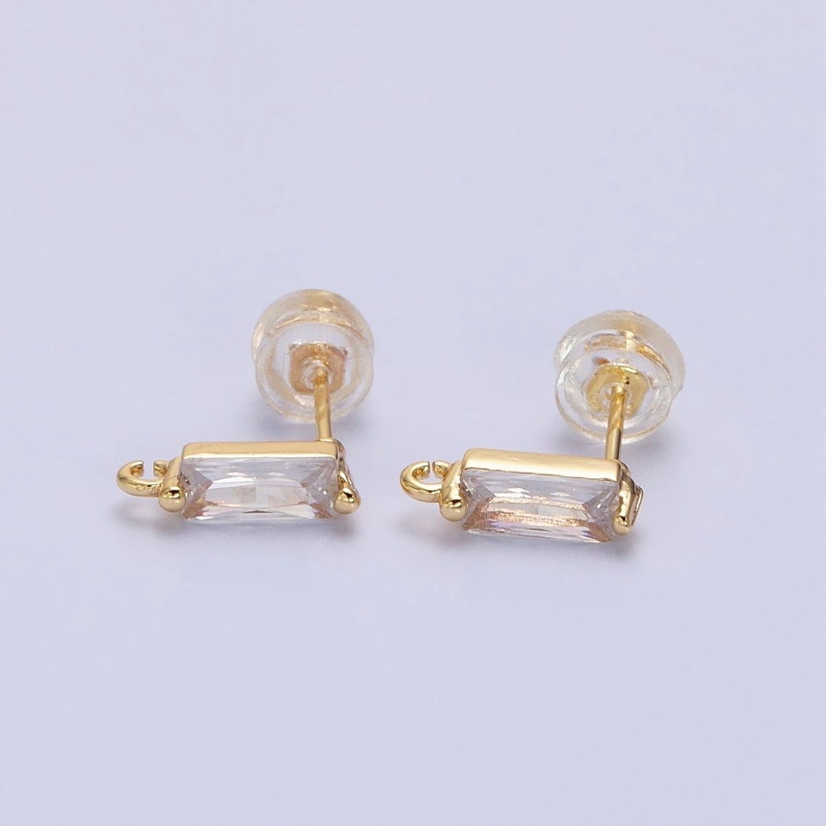 16K Gold Filled 10.5mm Clear CZ Baguette Open Loop Stud Earrings Supply in Gold & Silver | Z-369 Z-370 - DLUXCA