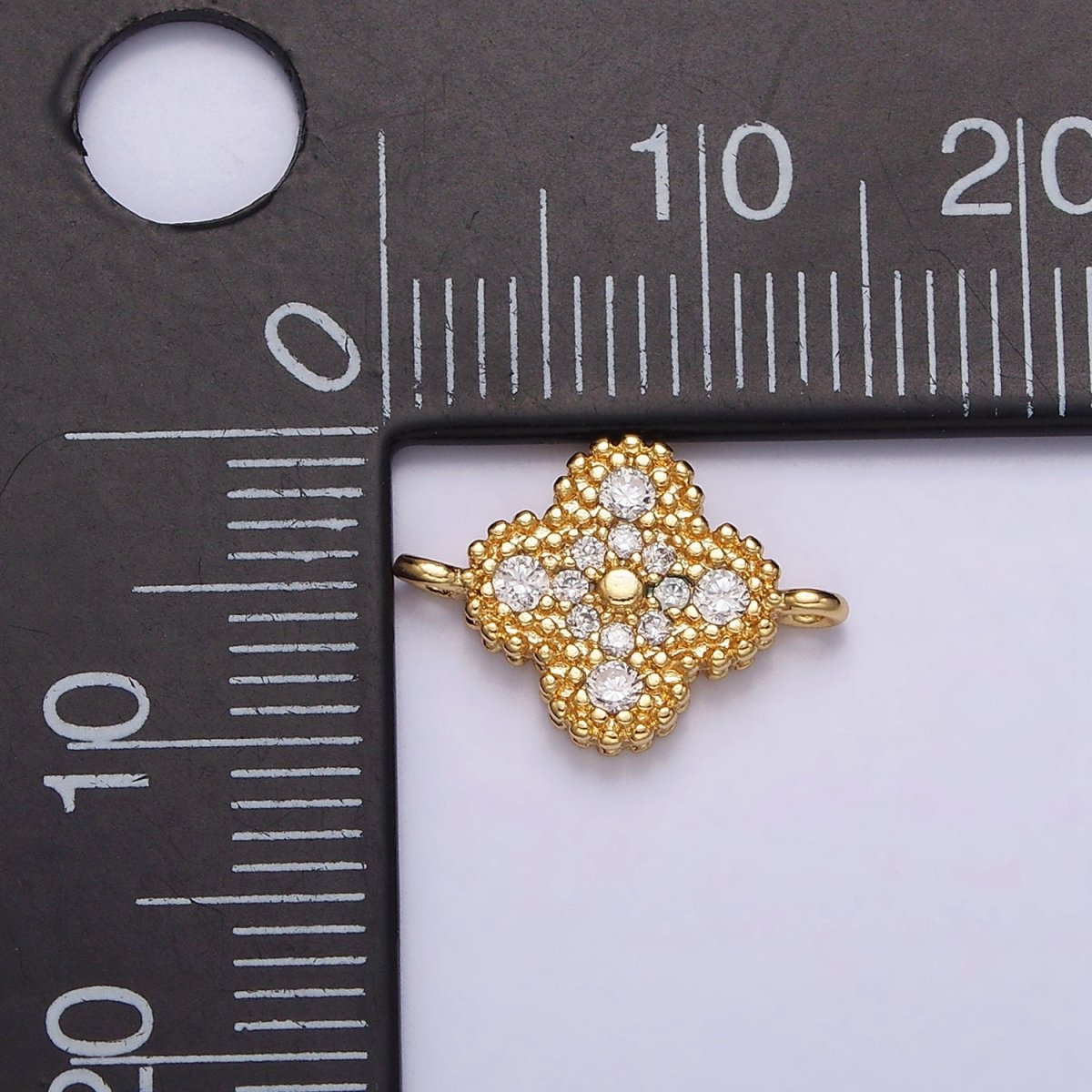 16K Gold Filled 10mm Quatrefoil Clover Clear Micro Paved CZ Beaded Connector | F-087 - DLUXCA