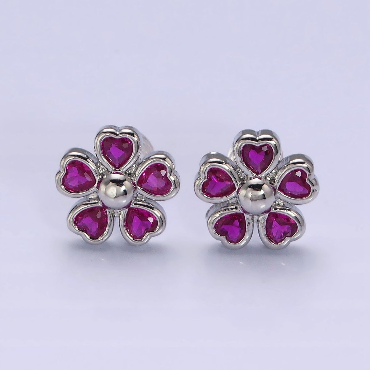 16K Gold Filled 11.5mm Clear, Green, Fuchsia Flower Heart Petal Stud Earrings in Gold & Silver | Y-904 ~ Y-909 - DLUXCA