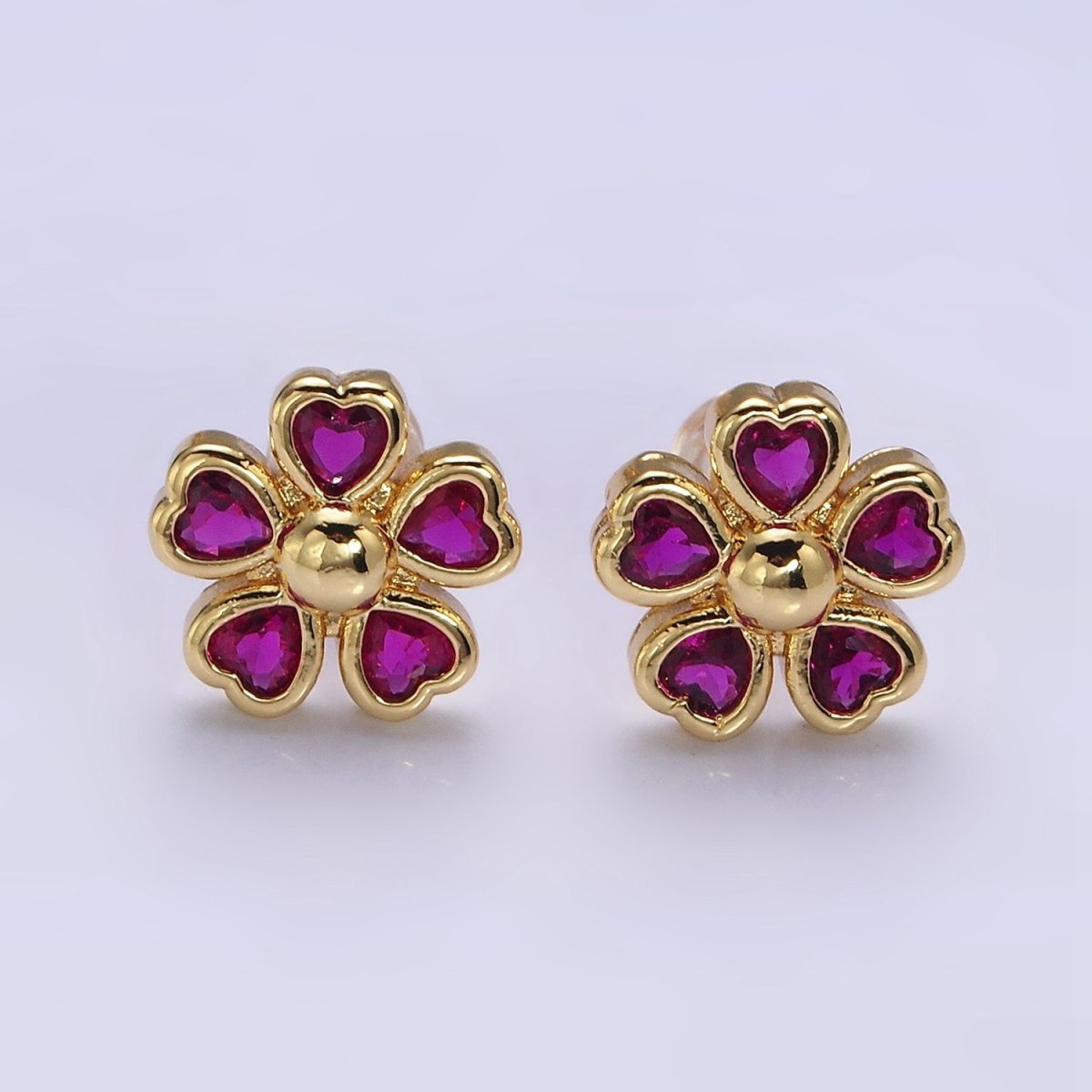 16K Gold Filled 11.5mm Clear, Green, Fuchsia Flower Heart Petal Stud Earrings in Gold & Silver | Y-904 ~ Y-909 - DLUXCA