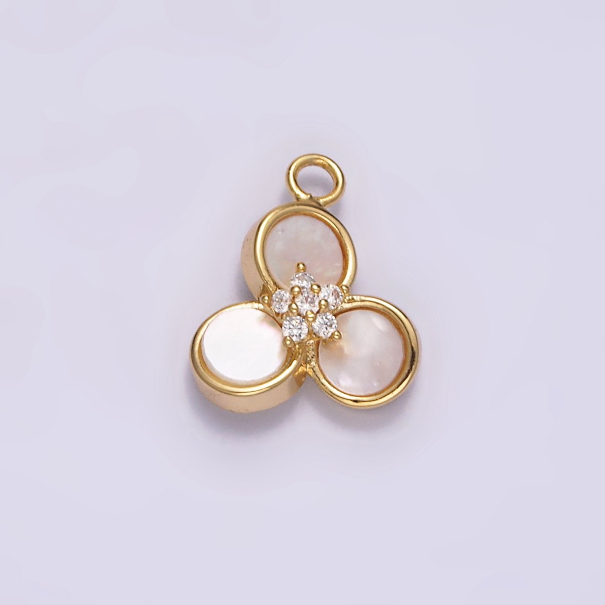 16K Gold Filled 13.5mm Triple Shell Pearl Clear CZ Flower Clover Quatrefoil Charm | N1499 - DLUXCA