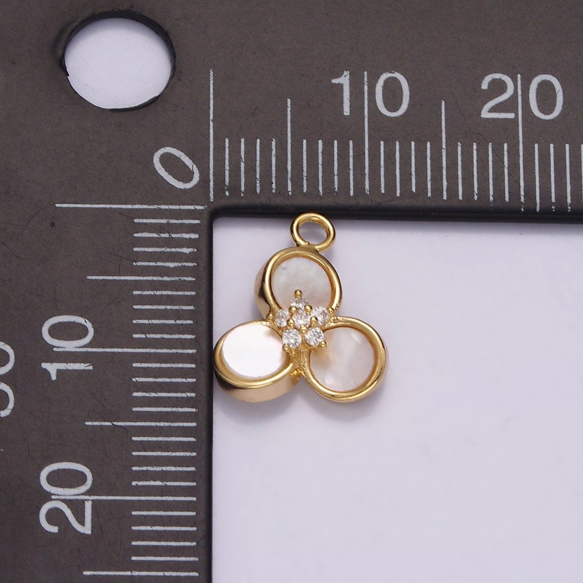 16K Gold Filled 13.5mm Triple Shell Pearl Clear CZ Flower Clover Quatrefoil Charm | N1499 - DLUXCA