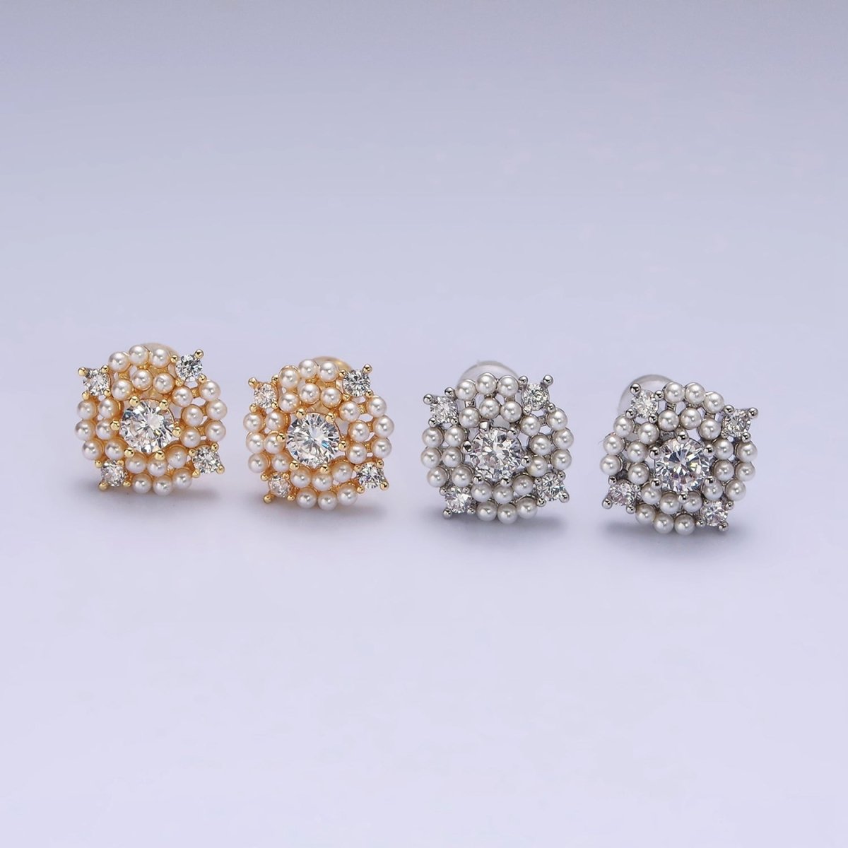 16K Gold Filled 13mm Pearl Lined Clear CZ Round Stud Earrings in Gold & Silver | Y-803 Y-804 - DLUXCA