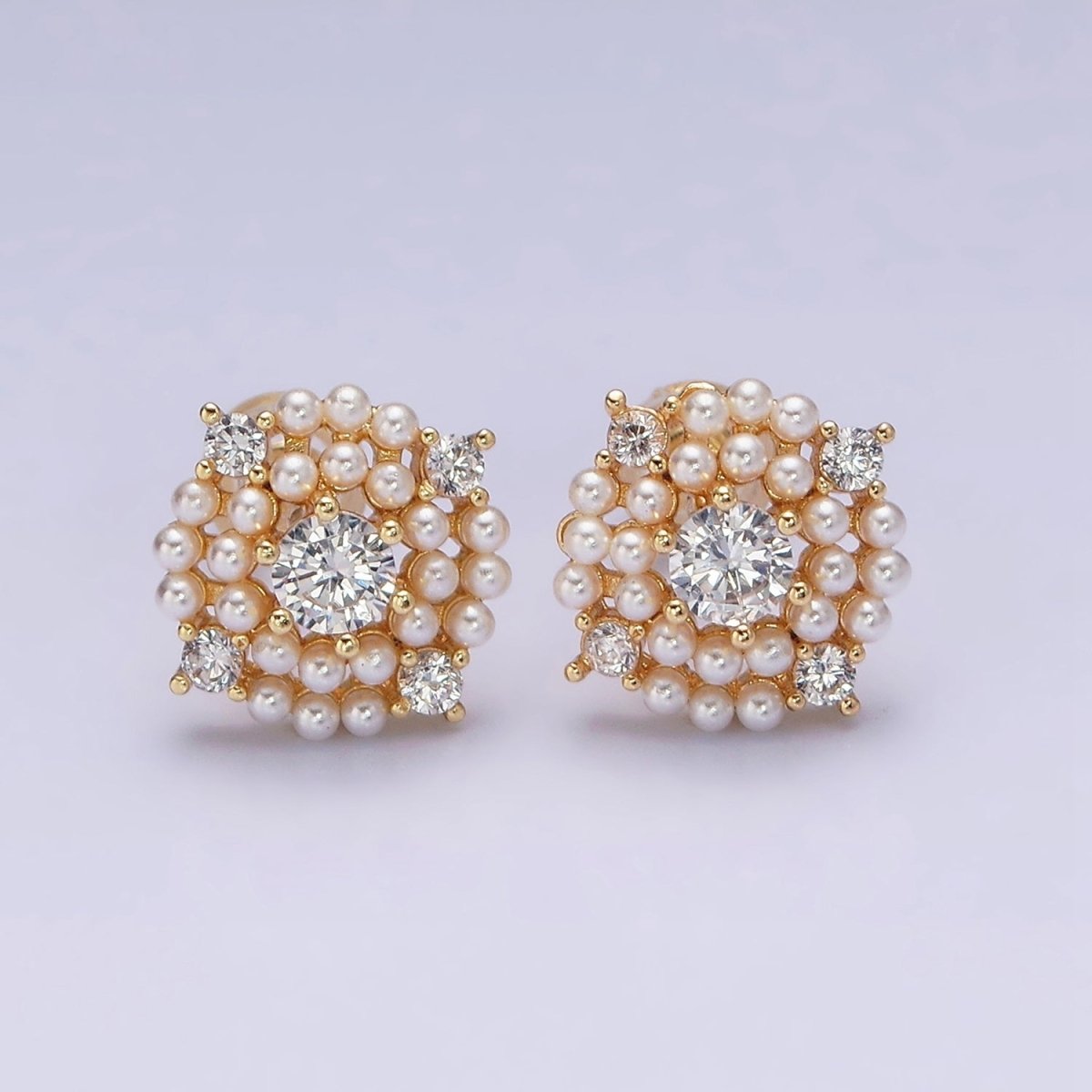 16K Gold Filled 13mm Pearl Lined Clear CZ Round Stud Earrings in Gold & Silver | Y-803 Y-804 - DLUXCA