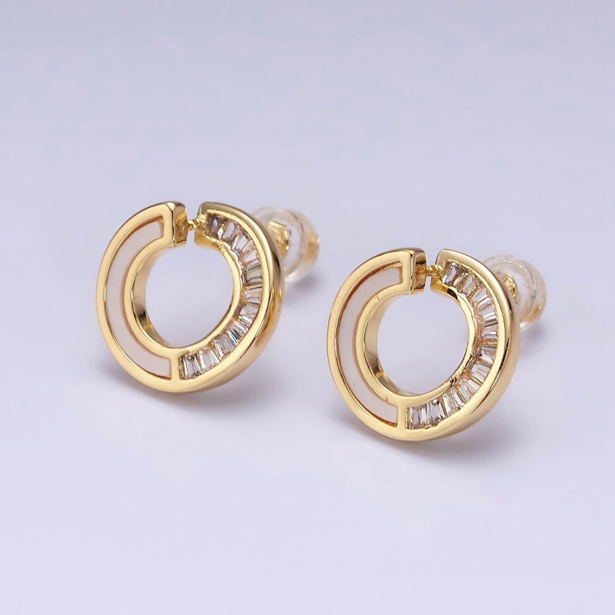 16K Gold Filled 14mm Open Round Circular Shell Pearl Baguette Lined Stud Earrings in Gold & Silver | Y-841 Y-842 - DLUXCA