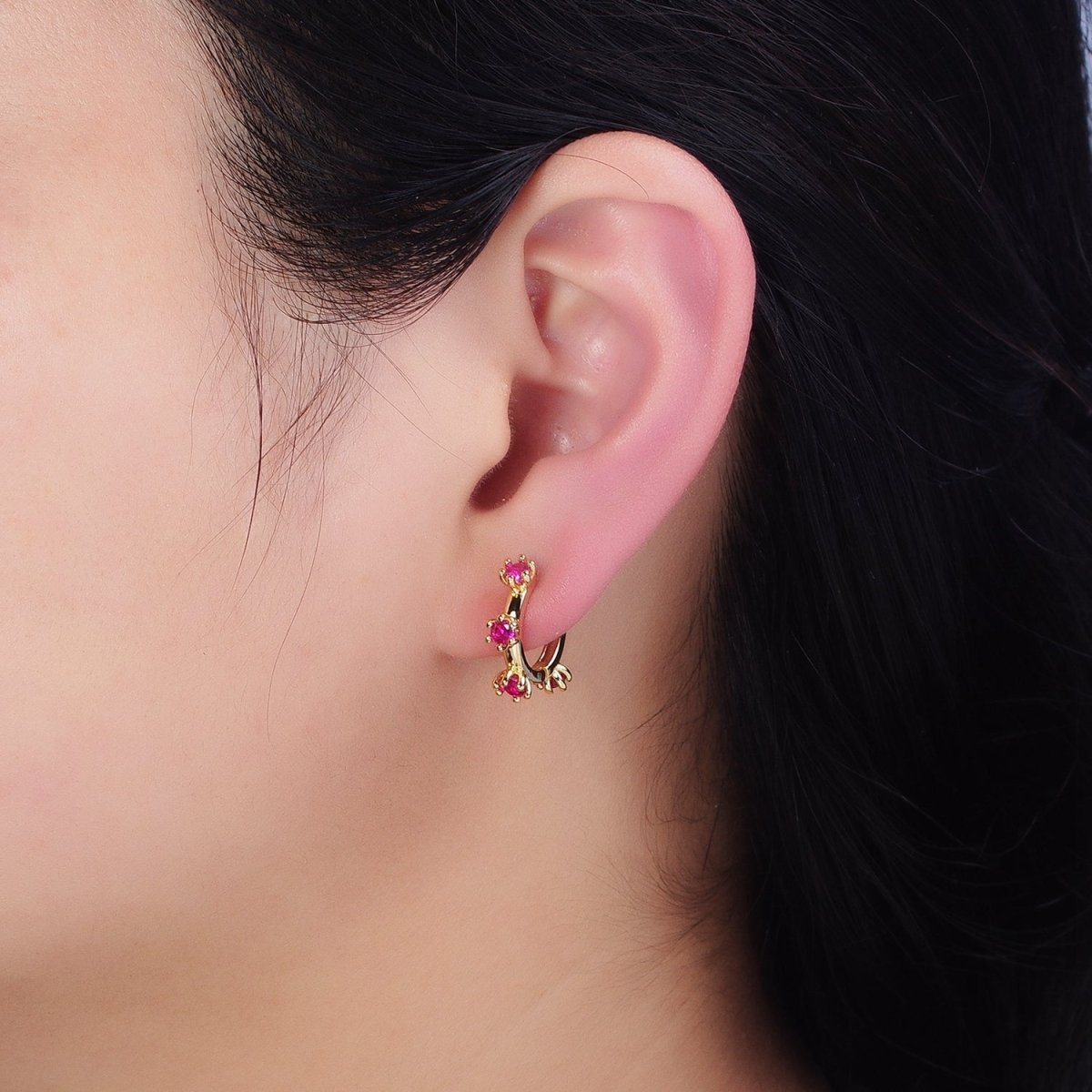 16K Gold Filled 15.5mm Fuchsia CZ Dotted Outline Huggie Earrings in Silver & Gold | AB654 AD1300 - DLUXCA