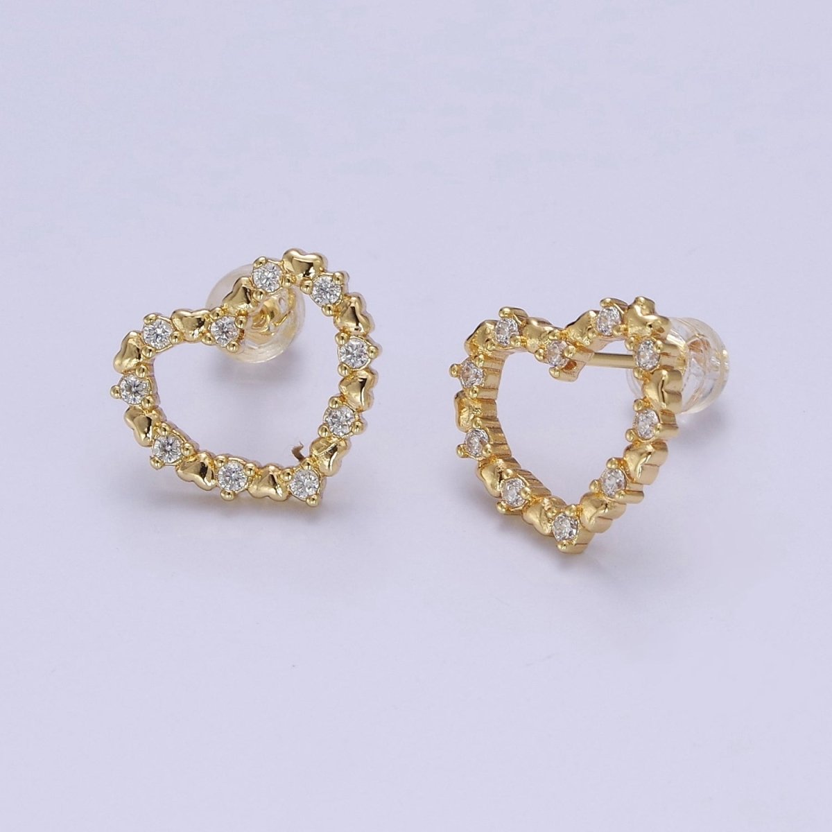 16K Gold Filled 15mm Clear CZ Lined Open Heart Stud Earrings | V121 - DLUXCA