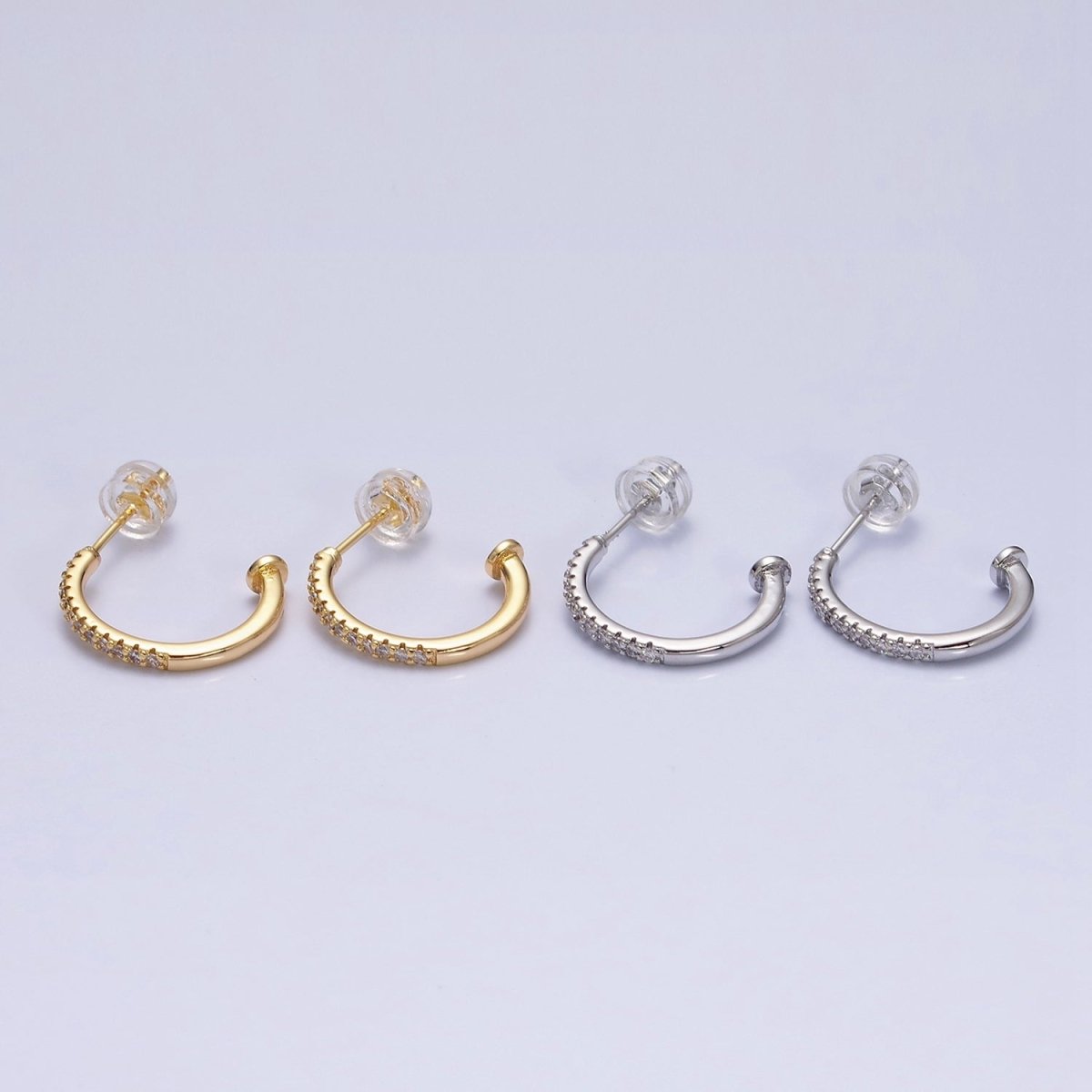 16K Gold Filled 15mm Half Micro Paved CZ Nail C-Shaped Hoop Earrings in Gold & Silver | AD1152 AD1154 - DLUXCA