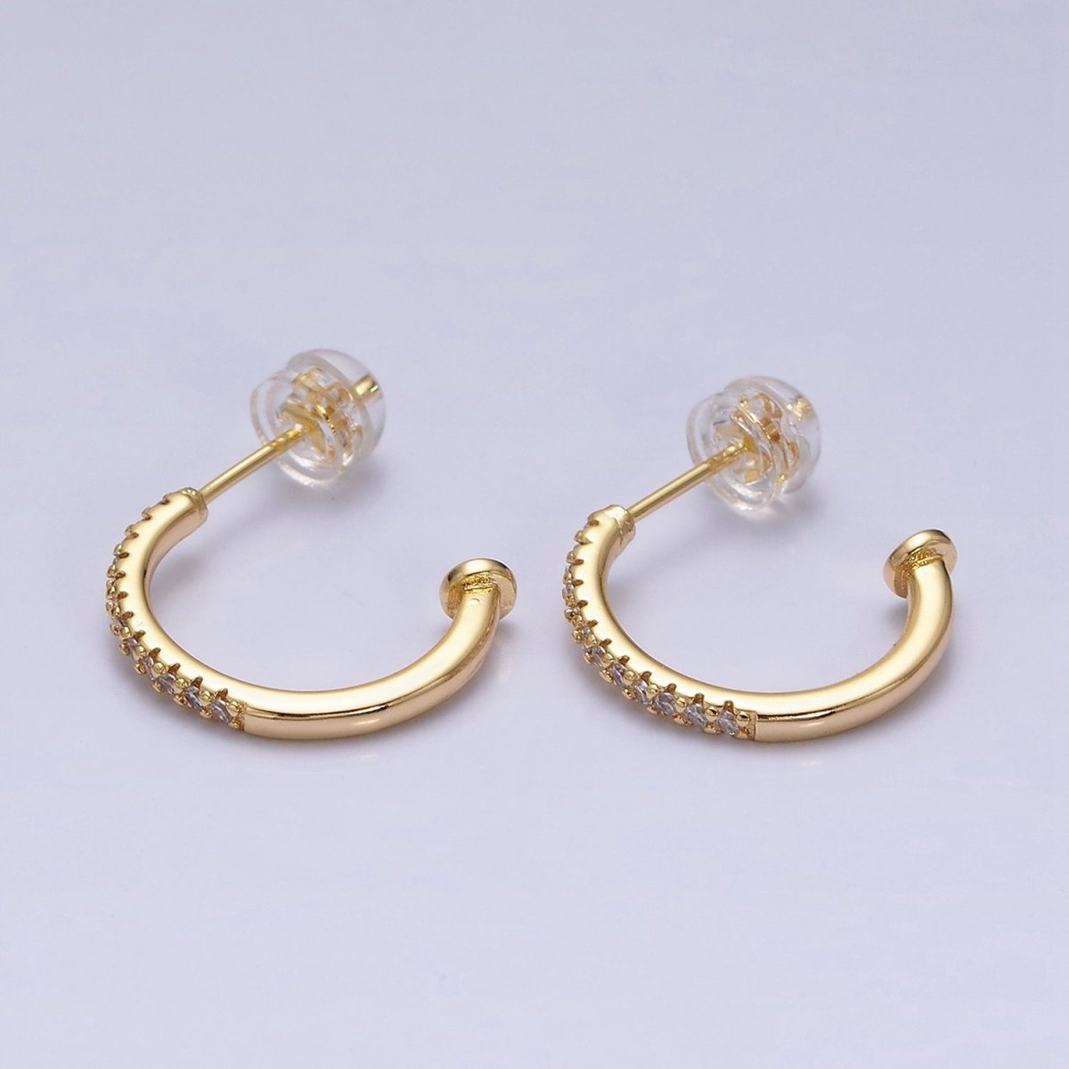 16K Gold Filled 15mm Half Micro Paved CZ Nail C-Shaped Hoop Earrings in Gold & Silver | AD1152 AD1154 - DLUXCA