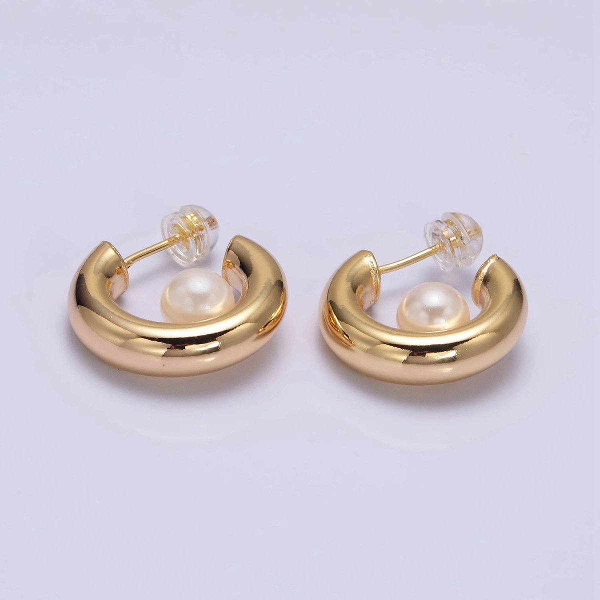 16K Gold Filled 20mm Chubby Round White Pearl C-Shaped Hoop Earrings in Gold & Silver | AE-572 AE-573 - DLUXCA