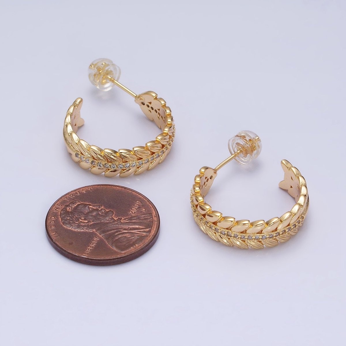 16K Gold Filled 20mm Paddy Wheat Palm Leaf Micro Paved C-Shaped Hoop Earrings in Gold & Silver | AD849 AD850 - DLUXCA