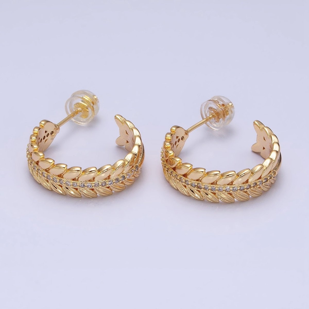 16K Gold Filled 20mm Paddy Wheat Palm Leaf Micro Paved C-Shaped Hoop Earrings in Gold & Silver | AD849 AD850 - DLUXCA