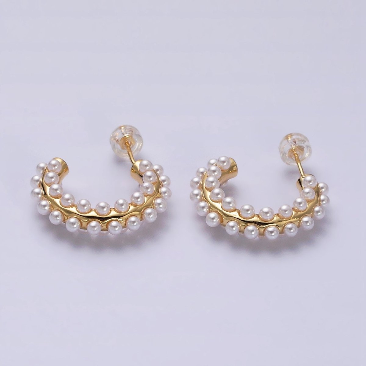 16K Gold Filled 20mm Pearl Lined J-Shaped Hoop Earrings in Gold & Silver | Y-839 Y-840 - DLUXCA