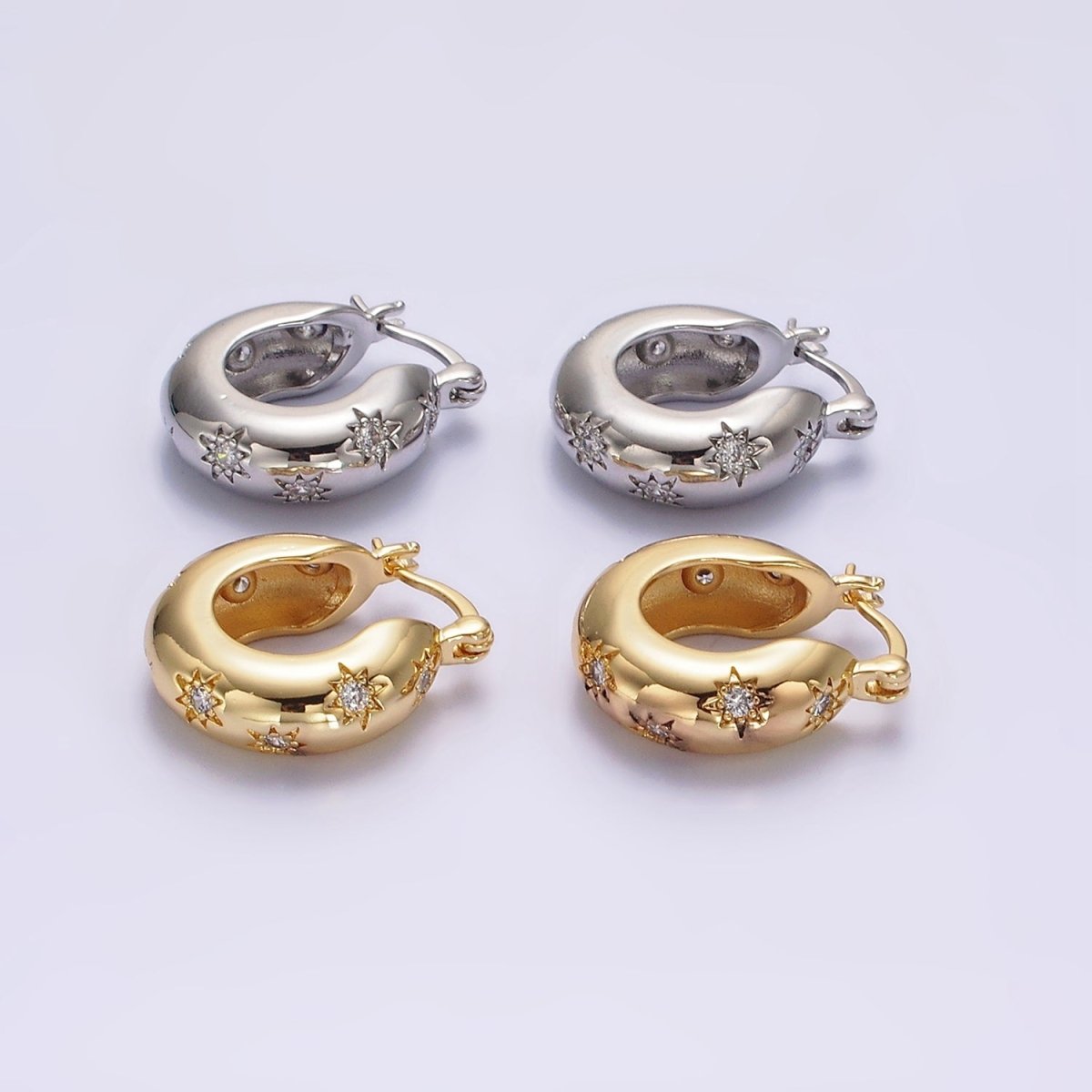 16K Gold Filled 20mm Round Dome Celestial Stars CZ French Lock Latch Hoop Earrings in Gold & Silver | AE627 AE628 - DLUXCA