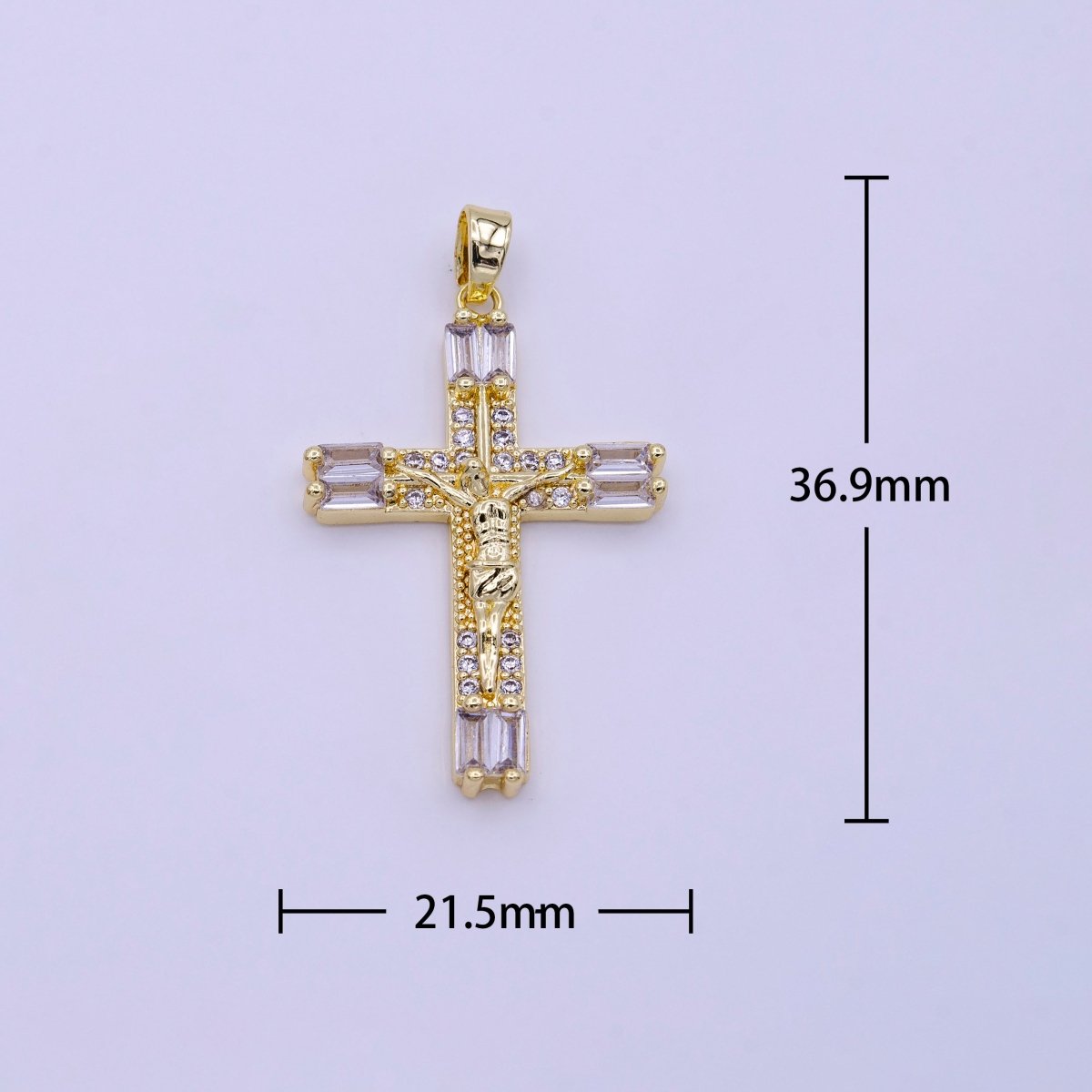 16K Gold Filled 21.5mm, 17.5mm Crucifix Cross Baguette CZ Pendant | AA413 AA414 - DLUXCA