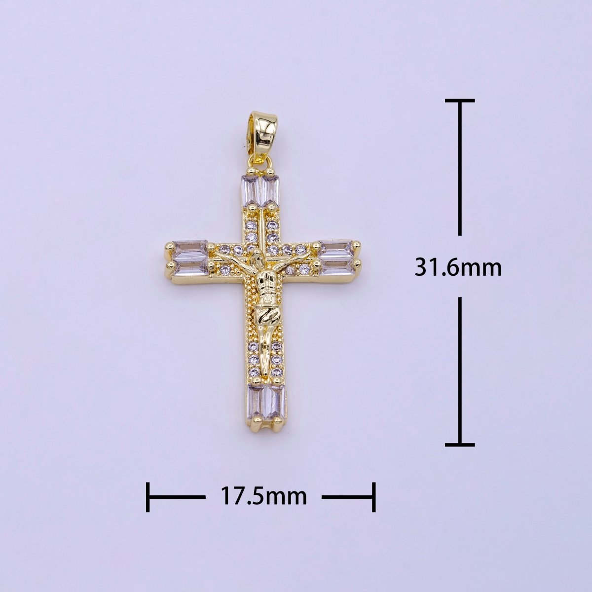 16K Gold Filled 21.5mm, 17.5mm Crucifix Cross Baguette CZ Pendant | AA413 AA414 - DLUXCA