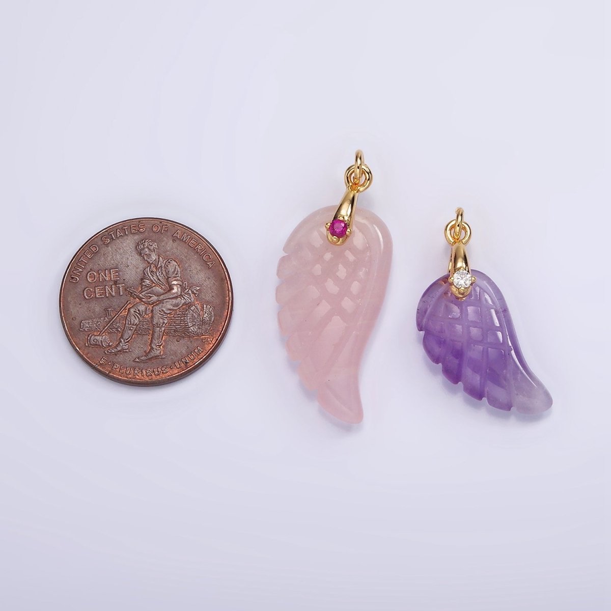 16K Gold Filled 25mm Amethyst Feather Wings CZ Bail Charm | AG298 - DLUXCA