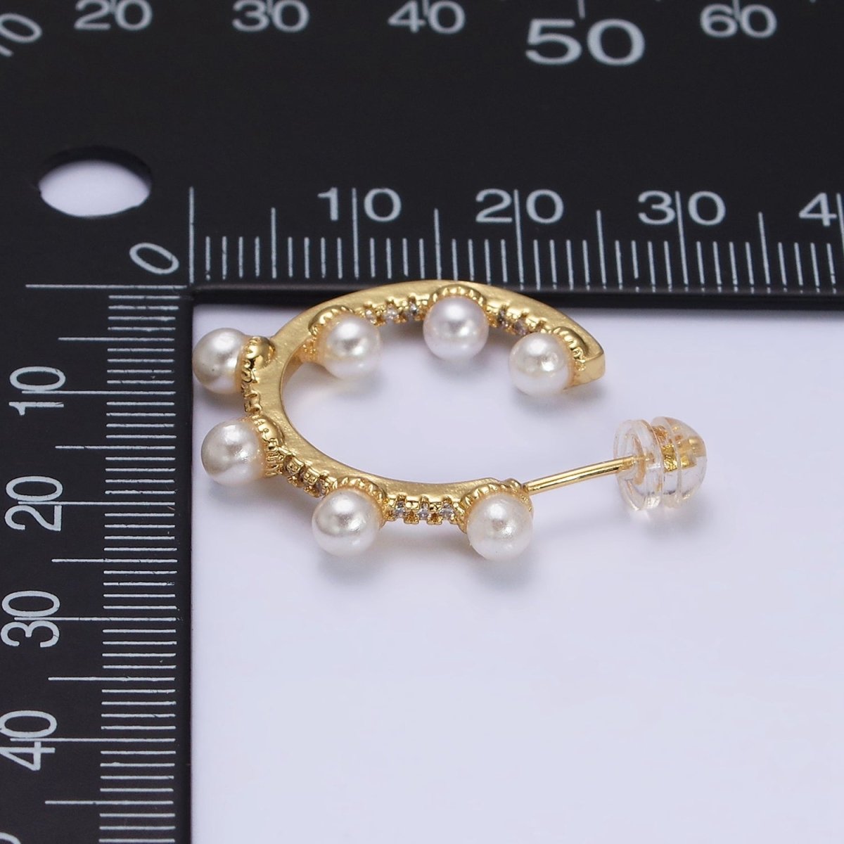 16K Gold Filled 25mm C-Shaped Dotted Pearl Lined Micro Paved CZ Hoop Earrings in Gold & Silver | AD1171 AD1172 - DLUXCA