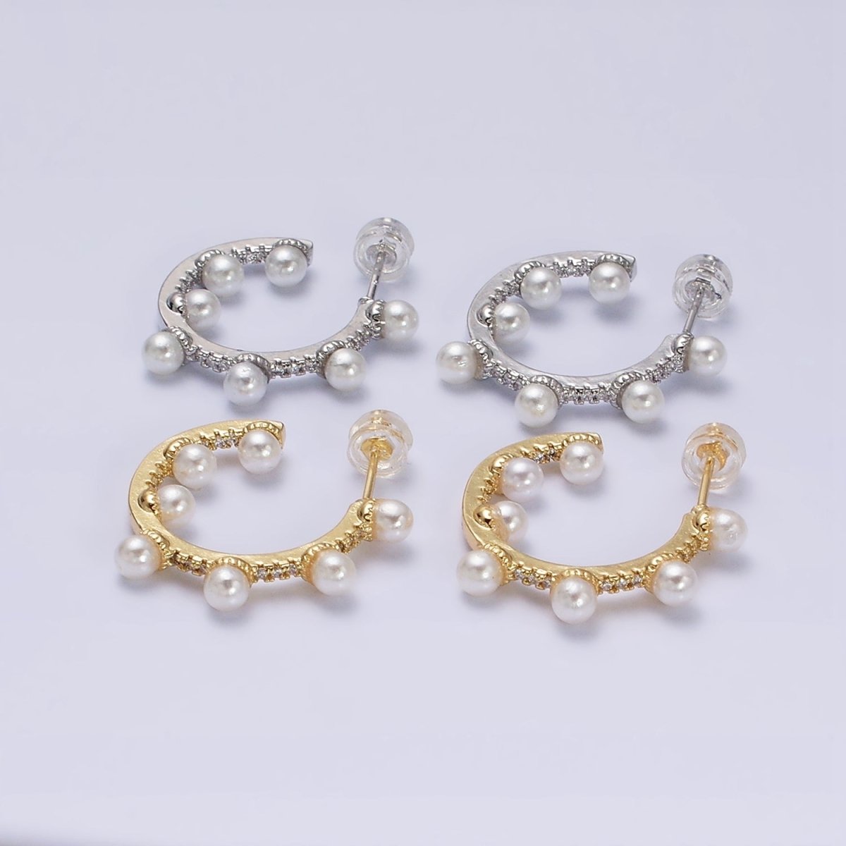 16K Gold Filled 25mm C-Shaped Dotted Pearl Lined Micro Paved CZ Hoop Earrings in Gold & Silver | AD1171 AD1172 - DLUXCA