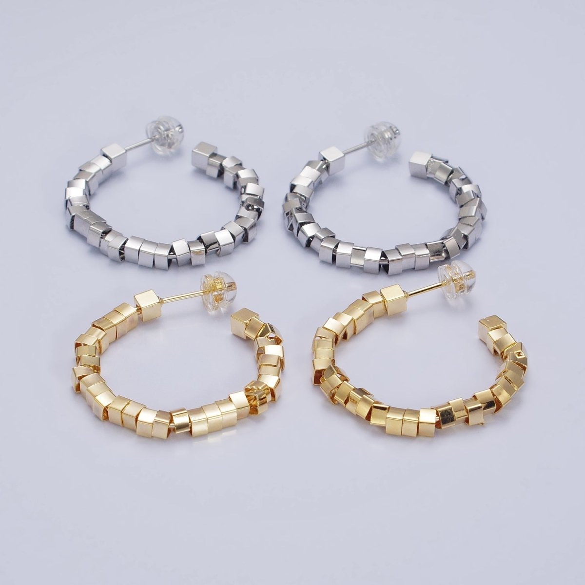 16K Gold Filled 25mm Cube Bead C-Shaped Hoop Earrings in Gold & Silver | AE027 AE028 - DLUXCA