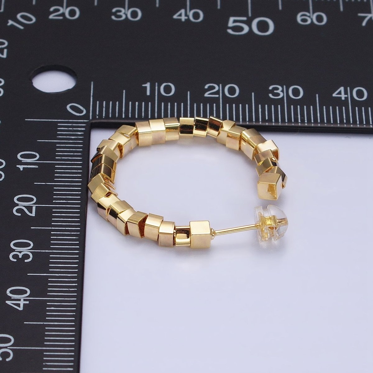 16K Gold Filled 25mm Cube Bead C-Shaped Hoop Earrings in Gold & Silver | AE027 AE028 - DLUXCA