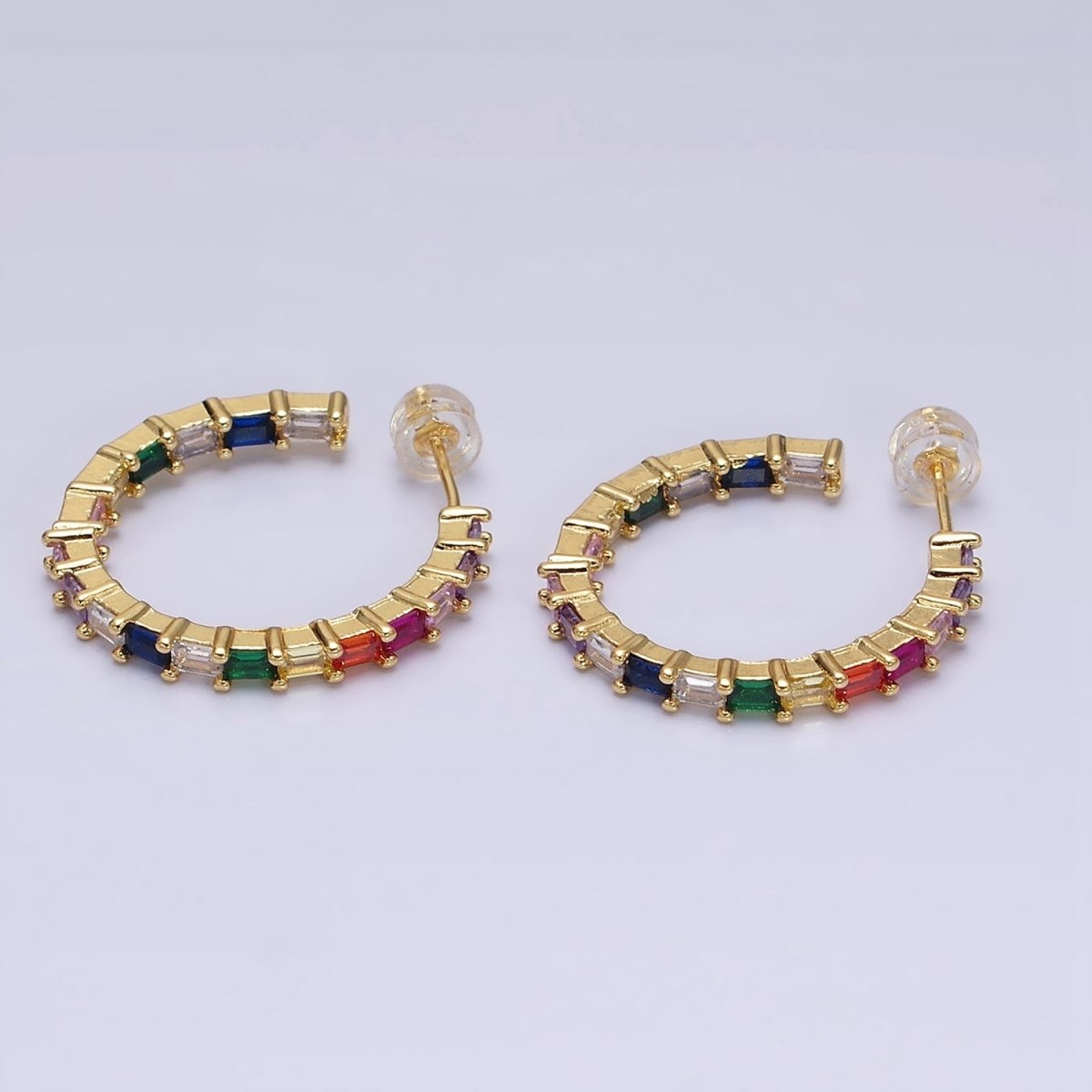 16K Gold Filled 25mm CZ Multicolor Baguette Lined Front-Facing C-Shaped Hoop Earrings | AD1160 - DLUXCA