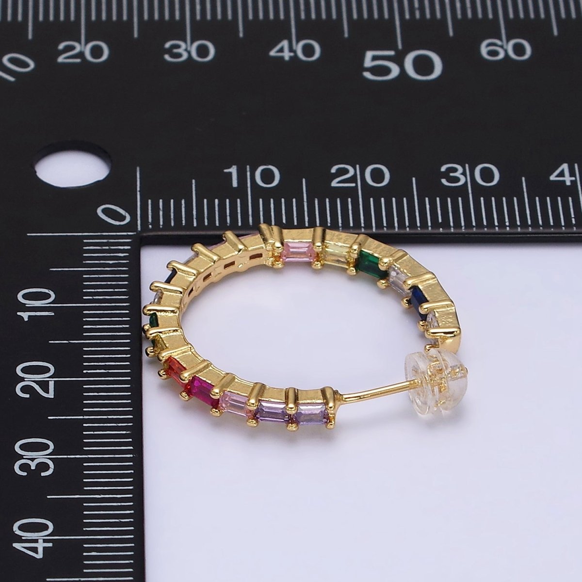 16K Gold Filled 25mm CZ Multicolor Baguette Lined Front-Facing C-Shaped Hoop Earrings | AD1160 - DLUXCA