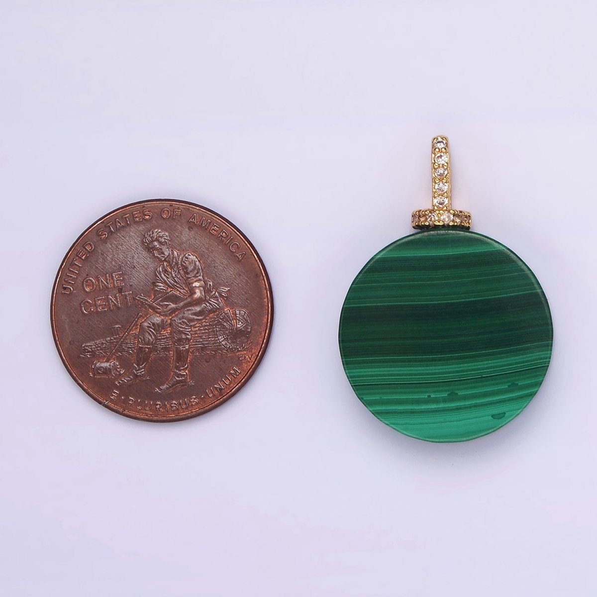 16K Gold Filled 25mm Green Malachite Round Clear CZ Micro Paved Bail Pendant | N1842 - DLUXCA