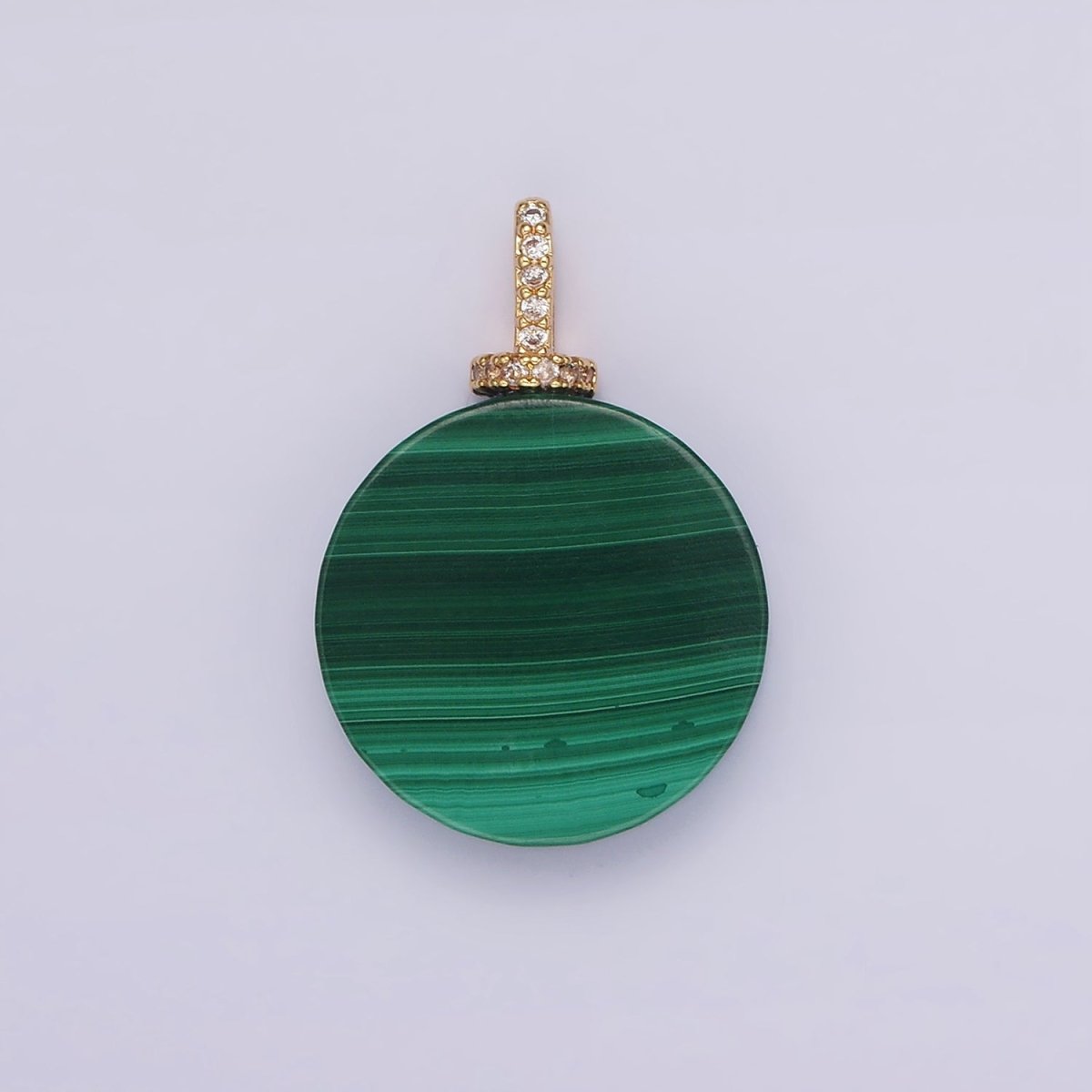 16K Gold Filled 25mm Green Malachite Round Clear CZ Micro Paved Bail Pendant | N1842 - DLUXCA